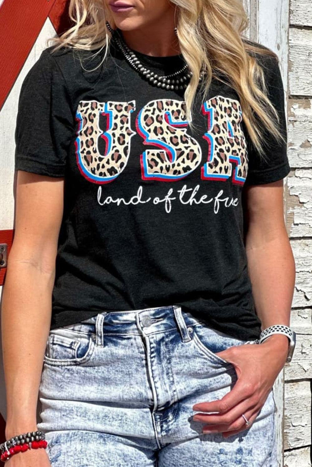Black Leopard USA land of the free Slogan Graphic T Shirt