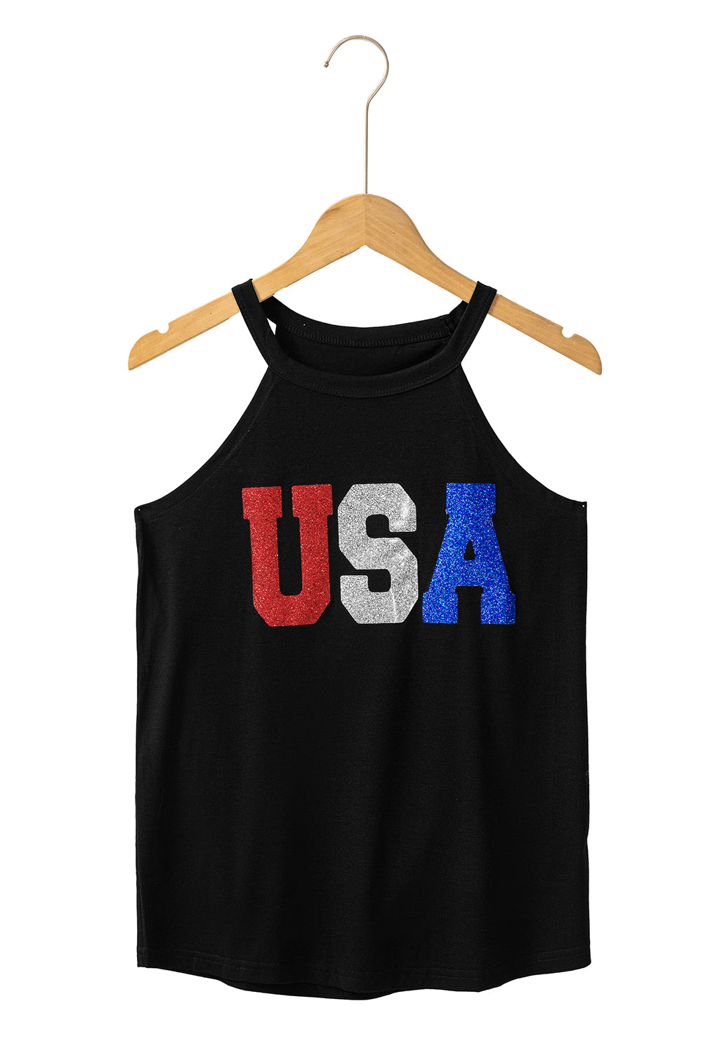 Black Sequin USA Letter Graphic Tank Top