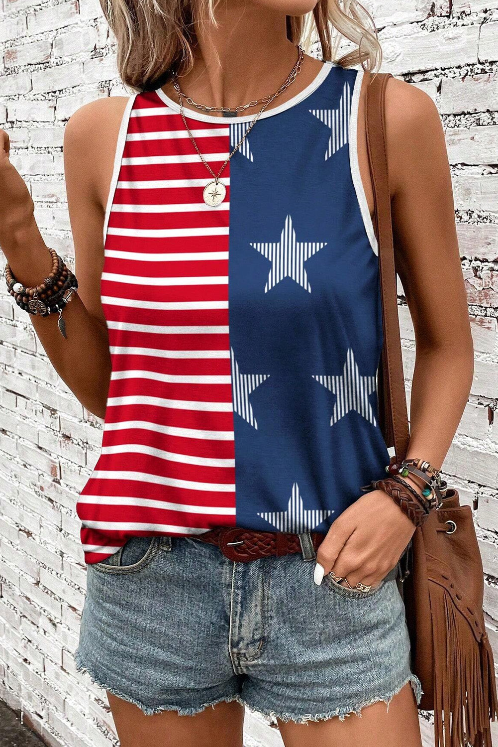 Red USA Flag Print Colorblock Round Neck Tank Top